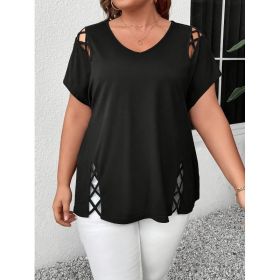 Women's European And American V-neck Cross-strap Short-sleeved T-shirt (Option: Black-3XL)