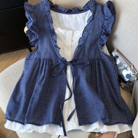 Ruffle-trimmed Age-reducing Loose-fit Puff-sleeve Doll Shirt (Option: Navy Blue-XXL)
