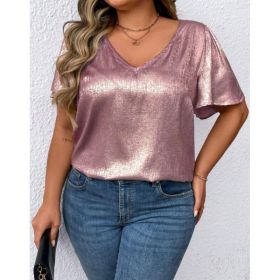 Loose-fit V-neck Solid-color Short-sleeve Top (Option: Pink-3XL)
