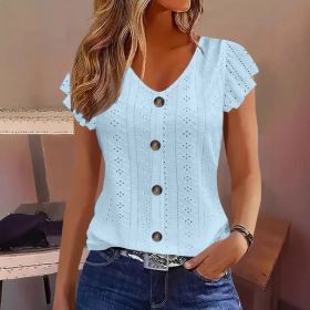 Solid Color Jacquard V-neck Buttons Long Sleeve T-shirt (Option: Sky blue-XL)