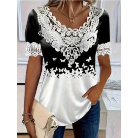 Women's Lace-Patchwork Crew-Neck Short-Sleeve T-Shirt (Option: 0736color-L)