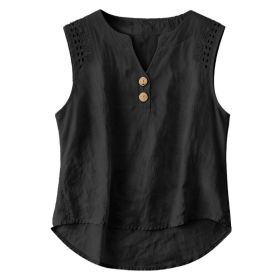 Solid-color V-neck Hollow-out Button Cotton-linen Short-sleeve Top Shirt (Option: Black-XL)