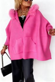 Ins Plush Hooded Cardigan Fashion Warm Pockets Zip-up Knitted Jacket Casual Outerwear Batwing Sleeve Sweater Women's Clothing (Option: Pink-XL)