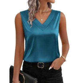 Womens Satin Camisole V-Neck Casual Sleeveless Blouse Top (Option: Blue-XXL)