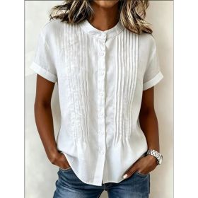 Fashionable Buttoned Stand-collar Solid-color Short-sleeve Shirt (Option: White-XXL)