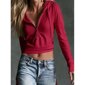 Hooded V-neck Zipper Crop Top Womens Sweatshirt (Option: Wine Red-L)