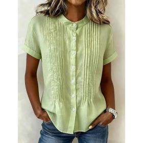 Fashionable Buttoned Stand-collar Solid-color Short-sleeve Shirt (Option: Light Green-XXL)