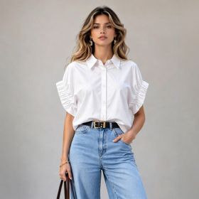 Loose-fitting Womens Blouse With A Turn-down Collar (Option: White-XXL)