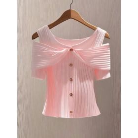 Womens Solid-color Off-shoulder Short-sleeve Top With Button Detailing (Option: Pink-L)