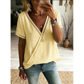 Casual Patchwork Hollow-Out Lace V-Neck Short-Sleeve Top (Option: Yellow-L)