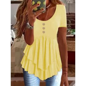 Fashion Three-button Casual Solid Color Short Sleeve (Option: Yellow-XXL)