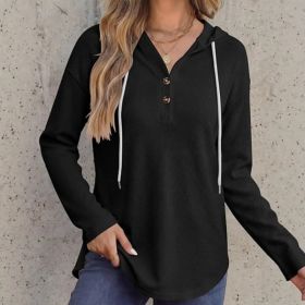 Womens V-neck Hooded Loose-fit Waffle-knit Hoodie (Option: Black-L)