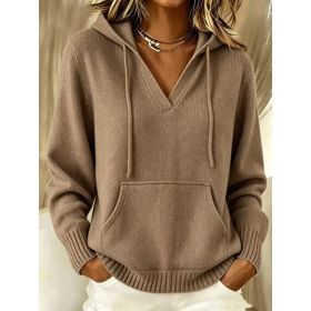 Kangaroo Pocket Knitted Hooded Drawstring Sweatshirt (Option: Brown-L)