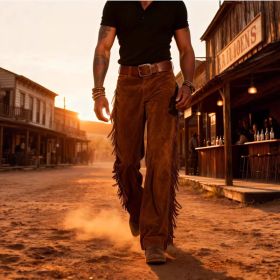 Retro Western Cowboy Deer Skin Fleece Fringe Wide Leg Pants (Option: Brown-2XL)