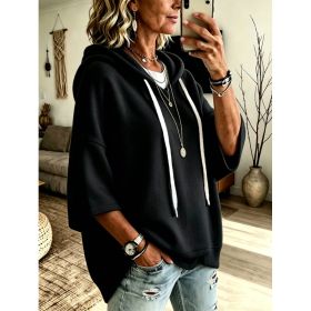 Womens Loose-fitting Hooded Top With Three-quarter Sleeves (Option: Black-5XL)