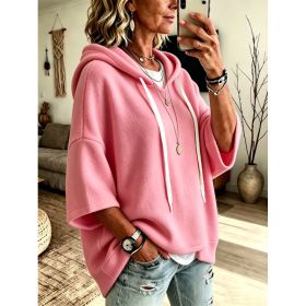 Womens Loose-fitting Hooded Top With Three-quarter Sleeves (Option: Pink-L)