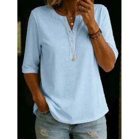 Women's Solid-Colored Cotton Button-Down Half-Sleeve Shirt (Option: Light Blue-L)