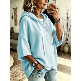 Womens Loose-fitting Hooded Top With Three-quarter Sleeves (Option: Sky Blue-5XL)