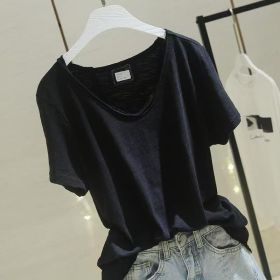 Versatile Patchwork Bamboo-cotton Thin Summer Short-sleeve Top (Option: Black-XL)