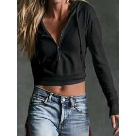 Hooded V-neck Zipper Crop Top Womens Sweatshirt (Option: Black-L)