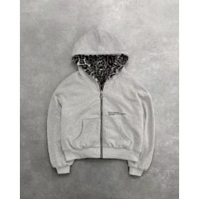 Hooded Hoodie Two Sides Can Wear Vintage Leopard Print Zipper Hoodie (Option: Gray-2XL)