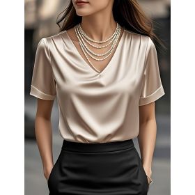 Summer Solid Color Pendant Small V-neck Short-sleeved Shirt Comfortable All-matching (Option: Champagne-XXL)