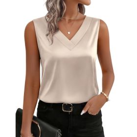 Womens Satin Camisole V-Neck Casual Sleeveless Blouse Top (Option: Apricot-L)