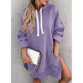 Women's Hooded Sweatshirt With Pockets Fashion Casual Split Mid-length Sweater Drawstring Tops (Option: Purple-L)