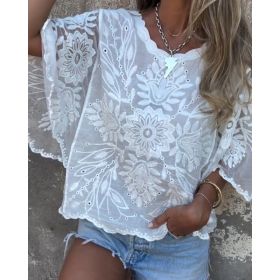Elegant Off-Shoulder Hollow-Out Three-Quarter Sleeve Top For Women (Option: White-L)