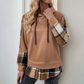 European And American Long Sleeve Plaid Colorblock Hooded Velvet Padded Sweater (Option: Coffee Brown-XL)