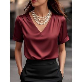 Summer Solid Color Pendant Small V-neck Short-sleeved Shirt Comfortable All-matching (Option: Wine Red-L)