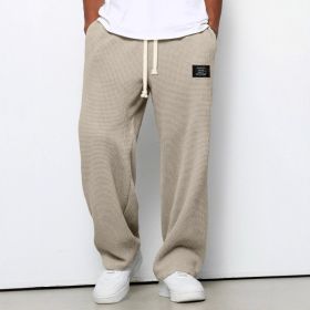Waffle Straight Pants Fashion Brand Loose Loose  Drawstring Pockets Trousers Casual Men's Clothing (Option: Khaki-4XL)