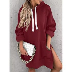 Women's Hooded Sweatshirt With Pockets Fashion Casual Split Mid-length Sweater Drawstring Tops (Option: Wine Red-XXL)