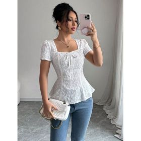 Casual Lace Blouse With A Square Neckline And Bow-tied Short Sleeves (Option: White-L)