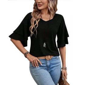 Loose V-neck Ruffle Sleeve T-shirt Fashion Solid Mid-sleeve Tops Women's Clothing (Option: Black-XL)