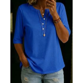Women's Solid-Colored Cotton Button-Down Half-Sleeve Shirt (Option: Blue-3XL)