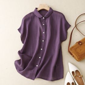Cotton-Linen Plus-Size Loose Artistic Small Turn-Down Collar Shirt (Option: Purple-2XL)