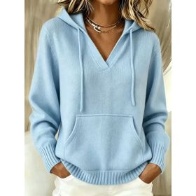 Kangaroo Pocket Knitted Hooded Drawstring Sweatshirt (Option: Light Blue-L)