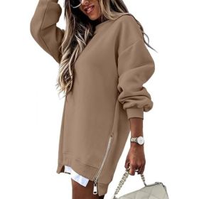 Fall Winter Fashion Stitching Side Zipper Design Pullover Sweater For Women (Option: Khaki-L)