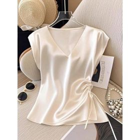 Womens Solid-Color Casual Satin V-Neck Top With Drawstring Hem (Option: White-L)