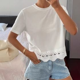 Women's Solid Color Versatile Hollow-Out Spliced Short-Sleeve (Option: White-XL)