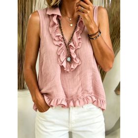 Fashionable V-neck Ruffled Sleeveless Tank Top (Option: Pink-L)