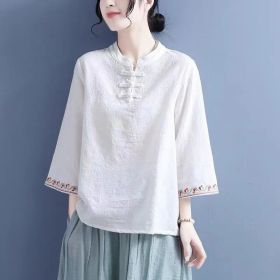 Artistic Cotton Linen Jacquard Embroidered Bell Sleeve Shirt (Option: White-2XL)