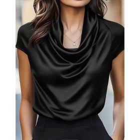 Womens Solid-color Boat-neck Drapey Short-sleeve Top (Option: Black-3XL)