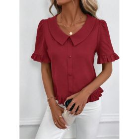 Women's Front-Button Petal-Sleeve Short-Sleeve Summer Fashion (Option: Wine Red-3XL)