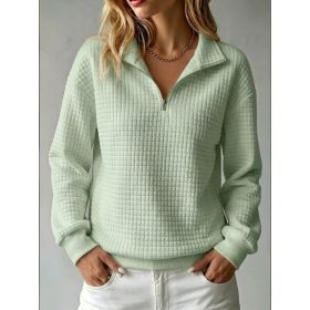 Loose-fit Waffle-knit Stand-collar Zip-up Long-sleeve Womens Sweatshirt (Option: Light Green-M)