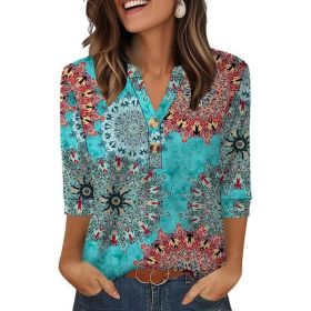 Womens Plus-Size Loose V-Neck Buttoned Three-Quarter Sleeve T-Shirt (Option: Figure 4-L)