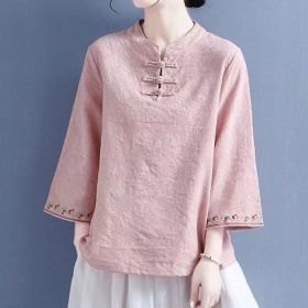 Artistic Cotton Linen Jacquard Embroidered Bell Sleeve Shirt (Option: Meat Powder-XL)