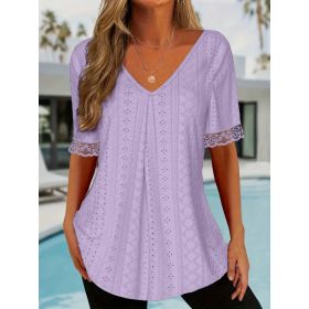 Womens Solid-Color V-Neck Loose Short-Sleeve Pleated T-Shirt Top (Option: Light Purple-XXL)