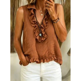 Fashionable V-neck Ruffled Sleeveless Tank Top (Option: Dark Brown-L)